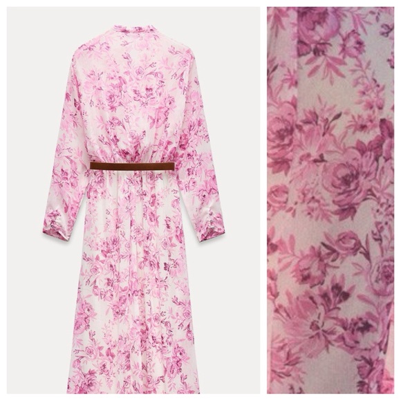 NWT. Zara Pink/White Floral Print Ruffle Midi Dress with Belt. Size M. - Picture 5 of 11